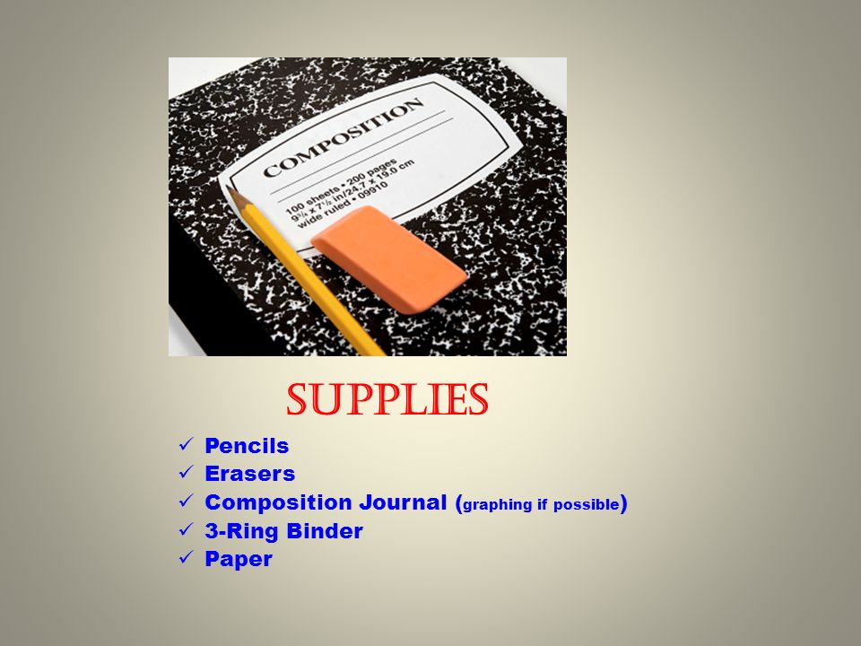 Supplies Pencils Erasers Composition Journal ( graphing if possible ) 3-Ring Binder Paper