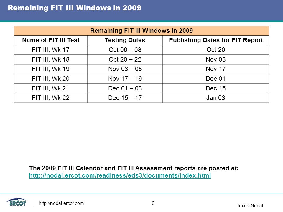 Texas Nodal   8 The 2009 FIT III Calendar and FIT III Assessment reports are posted at:   Remaining FIT III Windows in 2009 Name of FIT III TestTesting DatesPublishing Dates for FIT Report FIT III, Wk 17Oct 06 – 08Oct 20 FIT III, Wk 18Oct 20 – 22Nov 03 FIT III, Wk 19Nov 03 – 05Nov 17 FIT III, Wk 20Nov 17 – 19Dec 01 FIT III, Wk 21Dec 01 – 03Dec 15 FIT III, Wk 22Dec 15 – 17Jan 03