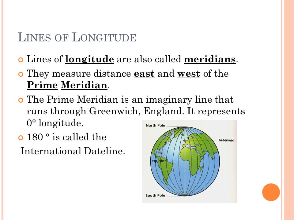 L INES OF L ONGITUDE Lines of longitude are also called meridians.