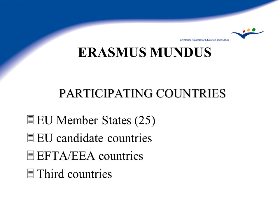 ERASMUS MUNDUS PARTICIPATING COUNTRIES 3EU Member States (25) 3EU candidate countries 3EFTA/EEA countries 3Third countries