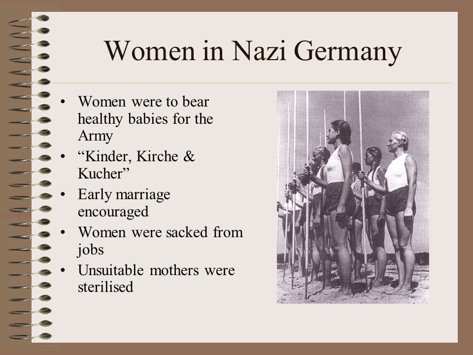 Women in Nazi Germany Women were to bear healthy babies for the Army Kinder, Kirche & Kucher Early marriage encouraged Women were sacked from jobs Unsuitable mothers were sterilised