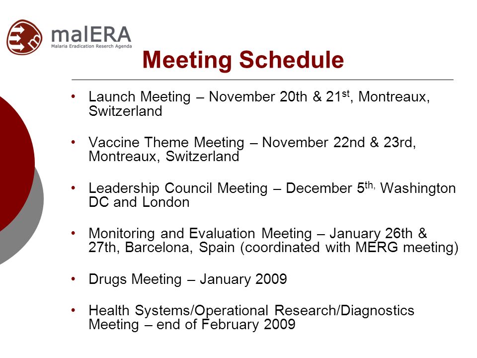 Meeting Schedule Launch Meeting – November 20th & 21 st, Montreaux, Switzerland Vaccine Theme Meeting – November 22nd & 23rd, Montreaux, Switzerland Leadership Council Meeting – December 5 th, Washington DC and London Monitoring and Evaluation Meeting – January 26th & 27th, Barcelona, Spain (coordinated with MERG meeting) Drugs Meeting – January 2009 Health Systems/Operational Research/Diagnostics Meeting – end of February 2009