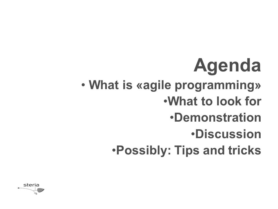 Agenda What is «agile programming» What to look for Demonstration Discussion Possibly: Tips and tricks
