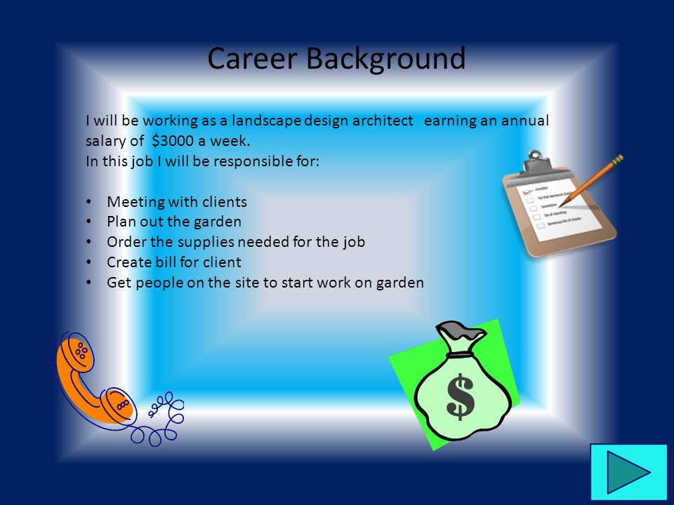 Career Background I will be working as a landscape design architect earning an annual salary of $3000 a week.