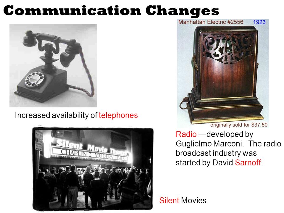 Communication Changes Increased availability of telephones Radio —developed by Guglielmo Marconi.