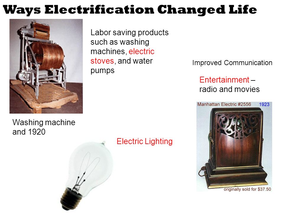Ways Electrification Changed Life Entertainment – radio and movies Labor saving products such as washing machines, electric stoves, and water pumps Washing machine and 1920 Electric Lighting Improved Communication