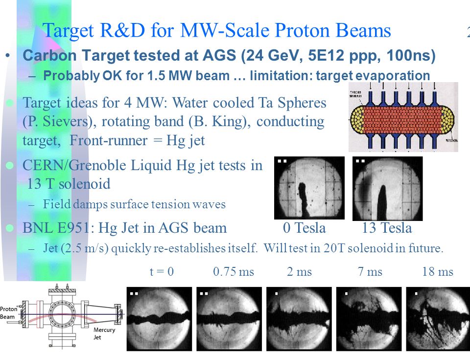 17 March, Target R&D for MW-Scale Proton Beams Carbon Target tested at AGS (24 GeV, 5E12 ppp, 100ns) –Probably OK for 1.5 MW beam … limitation: target evaporation Target ideas for 4 MW: Water cooled Ta Spheres (P.