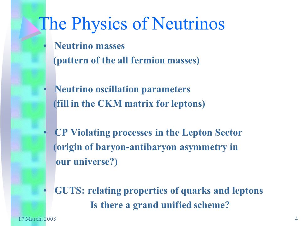 4 The Physics of Neutrinos Neutrino masses (pattern of the all fermion masses) Neutrino oscillation parameters (fill in the CKM matrix for leptons) CP Violating processes in the Lepton Sector (origin of baryon-antibaryon asymmetry in our universe ) GUTS: relating properties of quarks and leptons Is there a grand unified scheme
