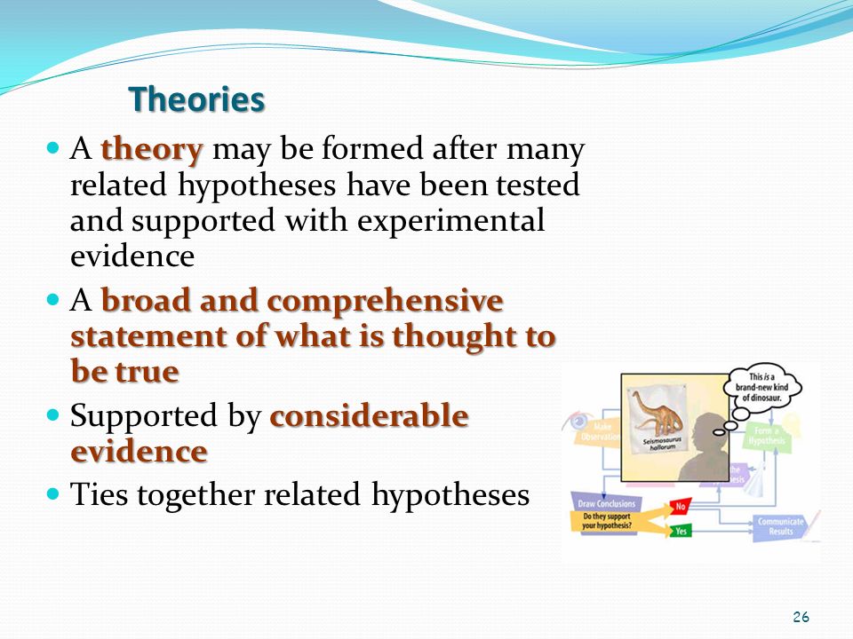 26 Theories theory A theory may be formed after many related hypotheses have been tested and supported with experimental evidence broad and comprehensive statement of what is thought to be true A broad and comprehensive statement of what is thought to be true considerable evidence Supported by considerable evidence Ties together related hypotheses
