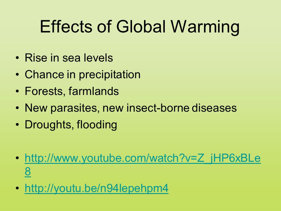 Effects of Global Warming Rise in sea levels Chance in precipitation Forests, farmlands New parasites, new insect-borne diseases Droughts, flooding   v=Z_jHP6xBLe 8http://  v=Z_jHP6xBLe 8