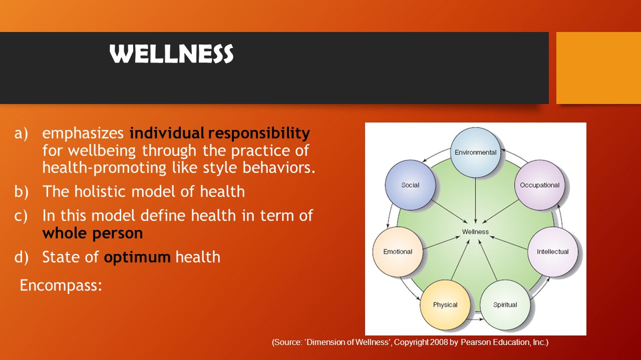 a)emphasizes individual responsibility for wellbeing through the practice of health-promoting like style behaviors.