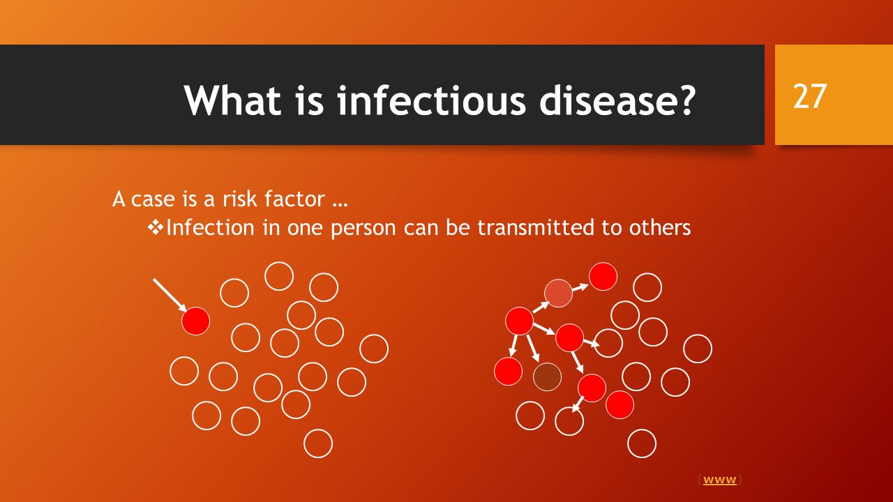 A case is a risk factor …  Infection in one person can be transmitted to others (www)www What is infectious disease.