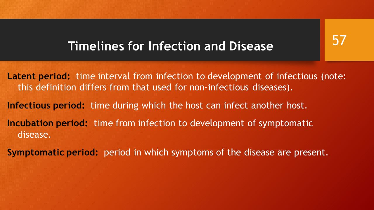 Timelines for Infection and Disease Latent period: time interval from infection to development of infectious (note: this definition differs from that used for non-infectious diseases).