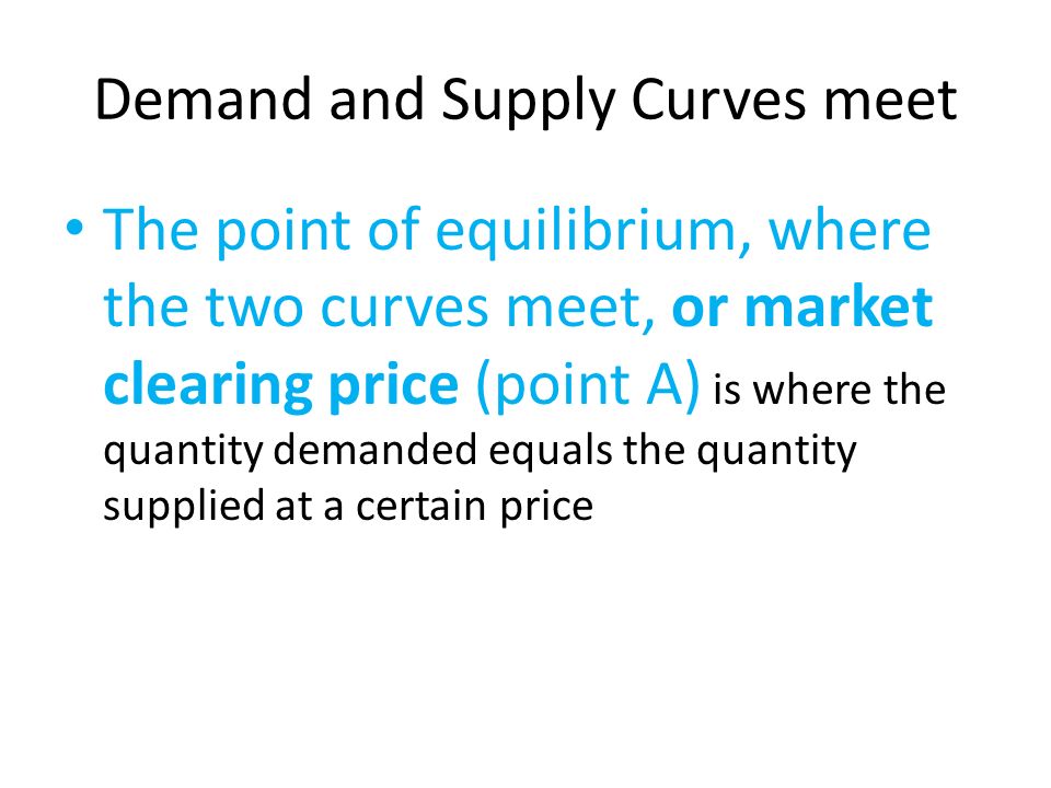 Demand and Supply Curves meet The point of equilibrium, where the two curves meet, or market clearing price (point A) is where the quantity demanded equals the quantity supplied at a certain price