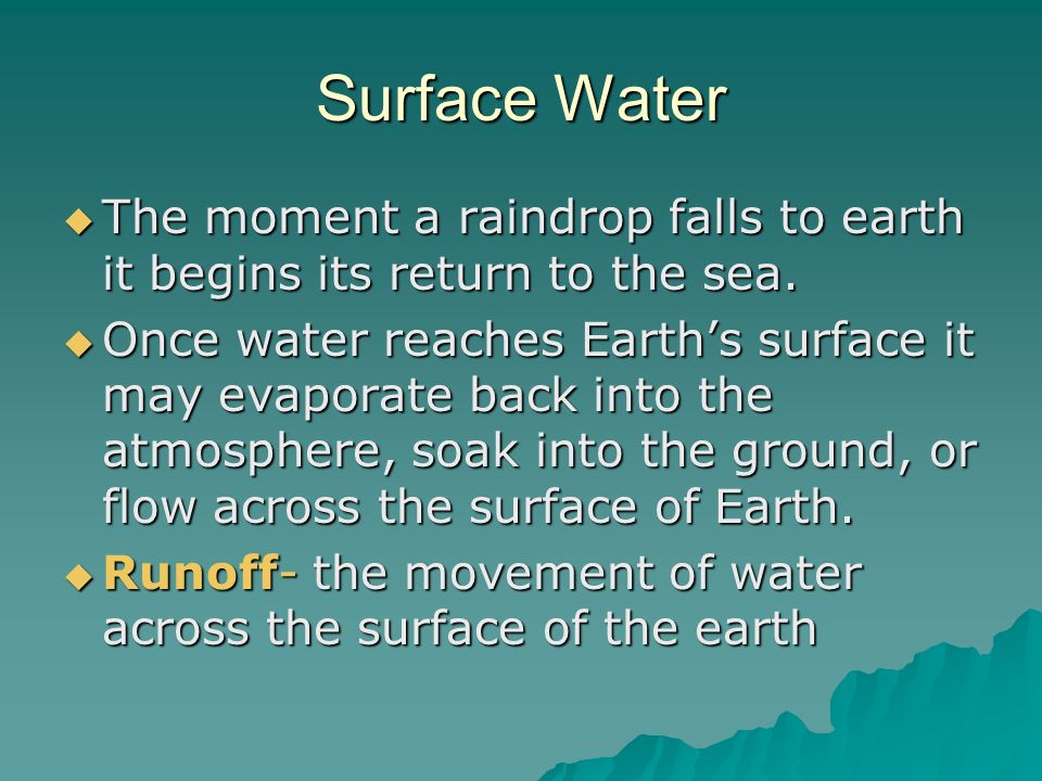 Surface Water  The moment a raindrop falls to earth it begins its return to the sea.
