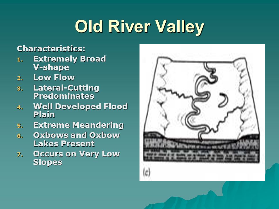 Old River Valley Characteristics: 1. Extremely Broad V-shape 2.