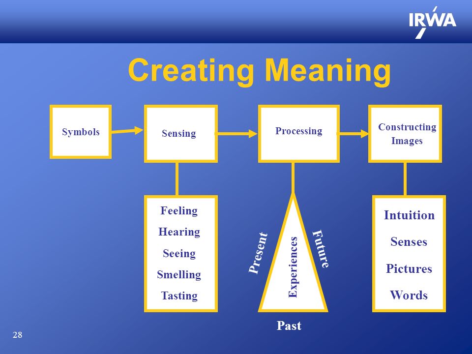 28 Creating Meaning Symbols Sensing Processing Constructing Images Feeling Hearing Seeing Smelling Tasting Past Intuition Senses Pictures Words Present Future Experiences