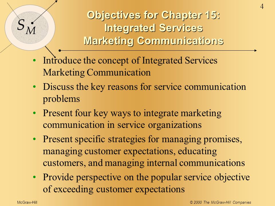 McGraw-Hill© 2000 The McGraw-Hill Companies 4 S M Objectives for Chapter 15: Integrated Services Marketing Communications Introduce the concept of Integrated Services Marketing Communication Discuss the key reasons for service communication problems Present four key ways to integrate marketing communication in service organizations Present specific strategies for managing promises, managing customer expectations, educating customers, and managing internal communications Provide perspective on the popular service objective of exceeding customer expectations