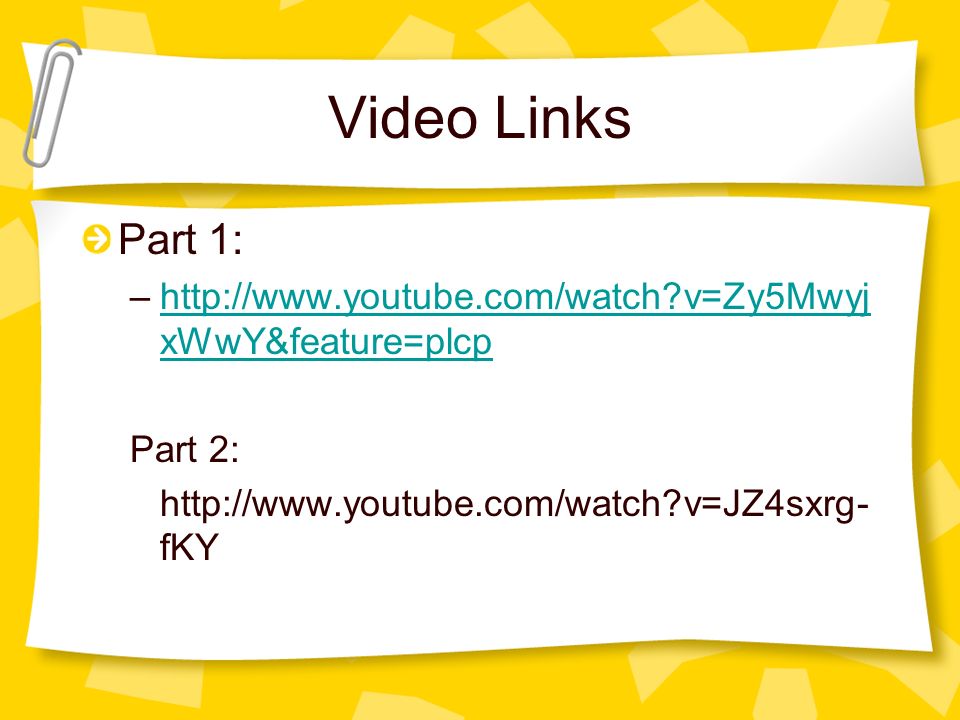 Video Links Part 1: –  v=Zy5Mwyj xWwY&feature=plcphttp://  v=Zy5Mwyj xWwY&feature=plcp Part 2:   v=JZ4sxrg- fKY