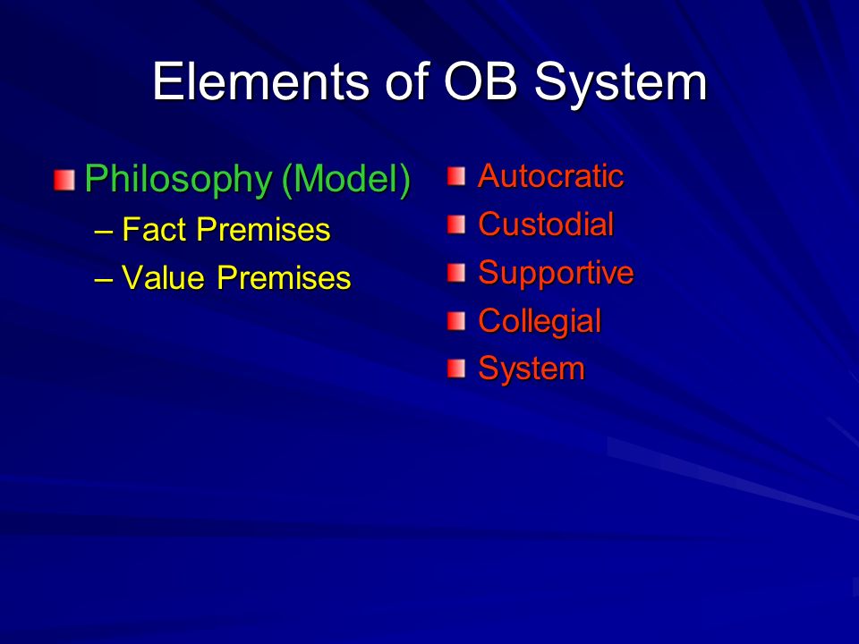 Elements of OB System Philosophy (Model) –Fact Premises –Value Premises AutocraticCustodialSupportiveCollegialSystem