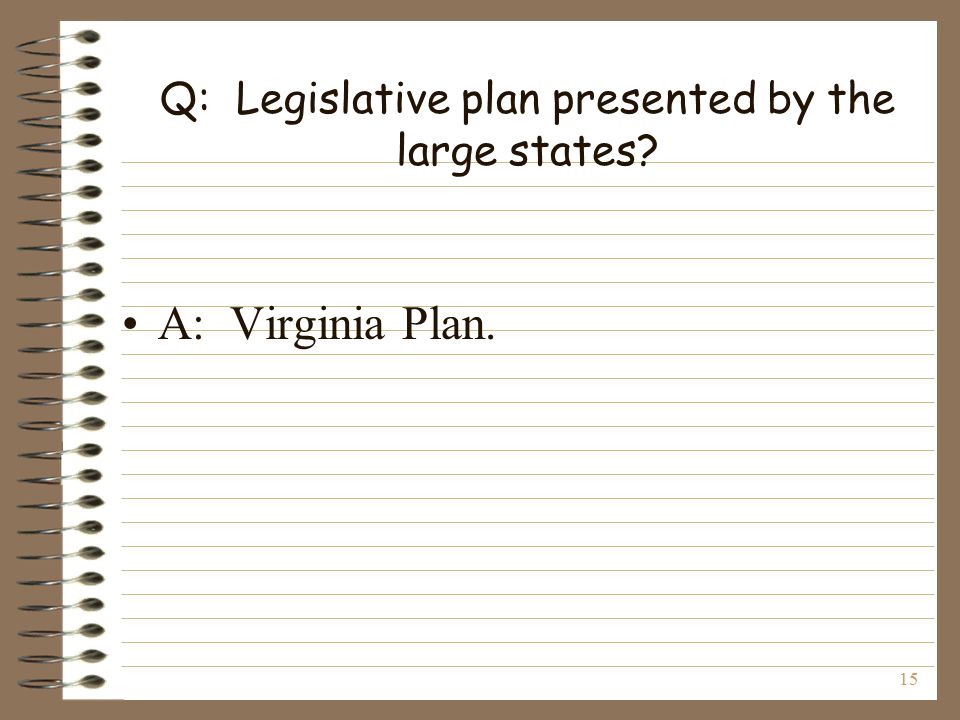 15 Q: Legislative plan presented by the large states A: Virginia Plan.
