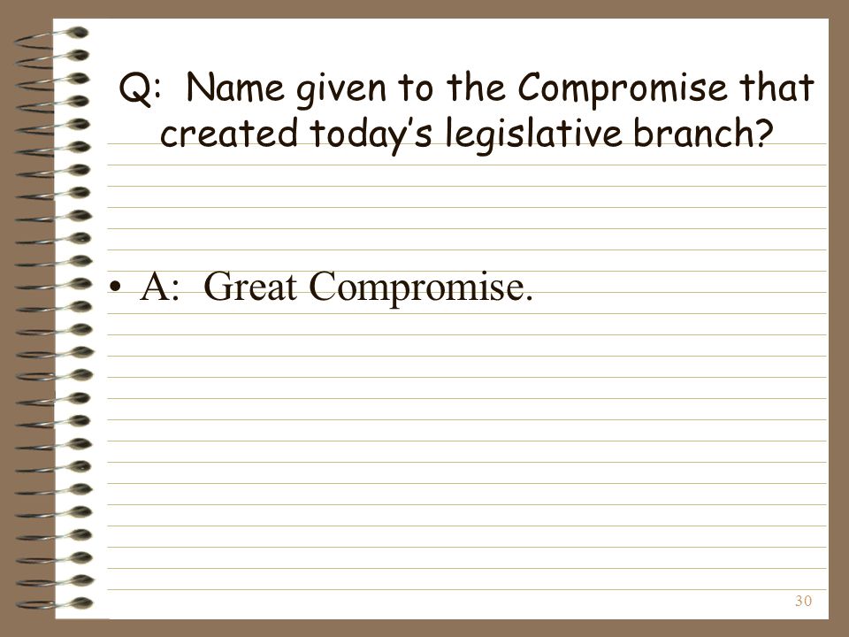 30 Q: Name given to the Compromise that created today’s legislative branch A: Great Compromise.