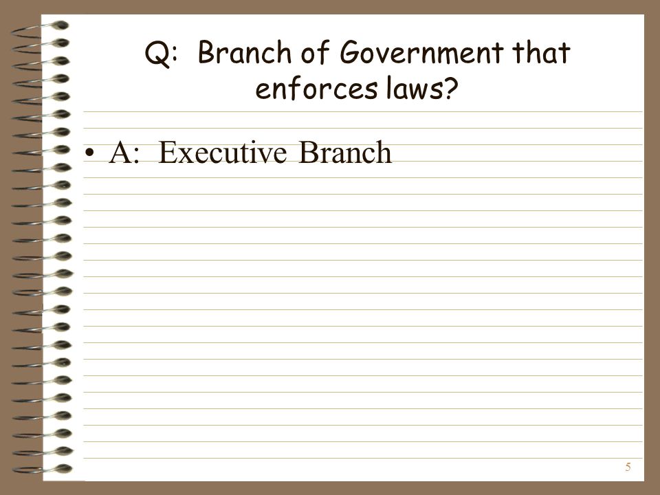 5 Q: Branch of Government that enforces laws A: Executive Branch