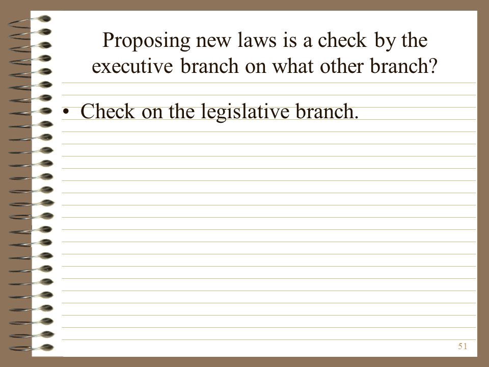 Proposing new laws is a check by the executive branch on what other branch.