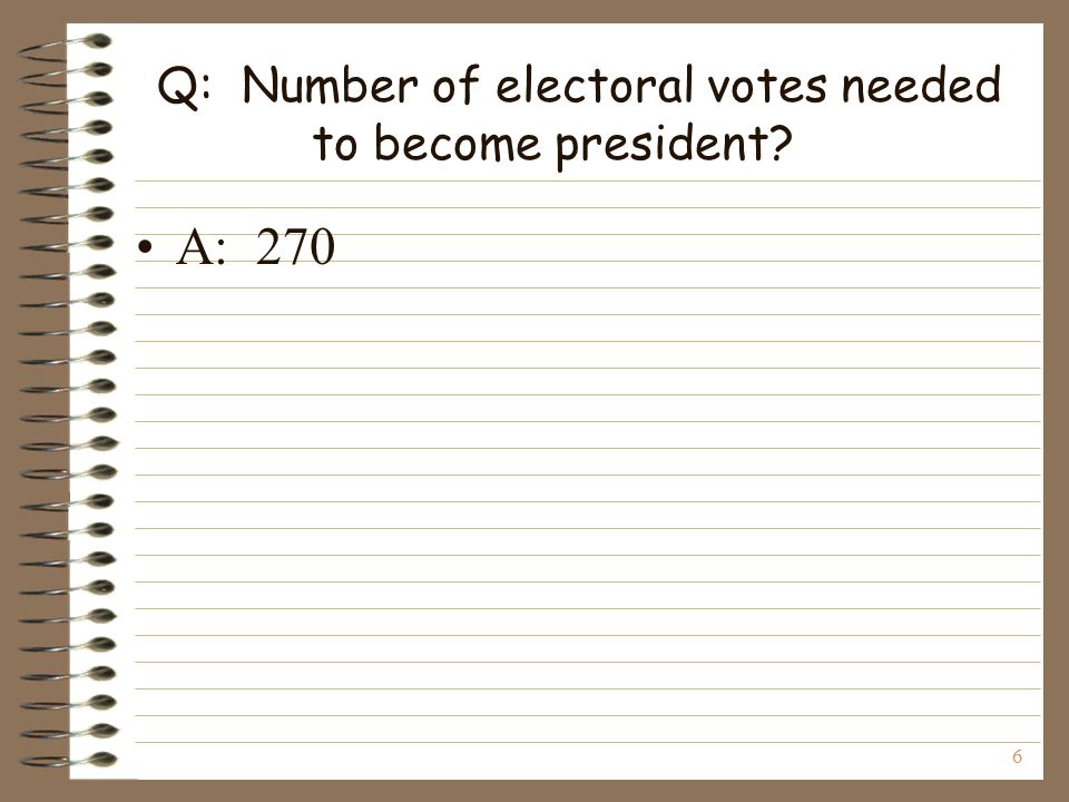 6 Q: Number of electoral votes needed to become president A: 270