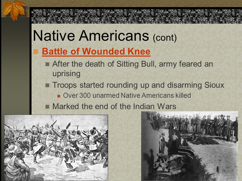 Native Americans (cont) Battle of Wounded Knee After the death of Sitting Bull, army feared an uprising Troops started rounding up and disarming Sioux Over 300 unarmed Native Americans killed Marked the end of the Indian Wars