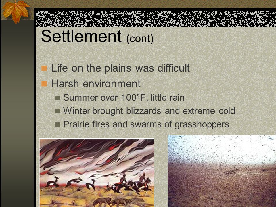 Settlement (cont) Life on the plains was difficult Harsh environment Summer over 100°F, little rain Winter brought blizzards and extreme cold Prairie fires and swarms of grasshoppers