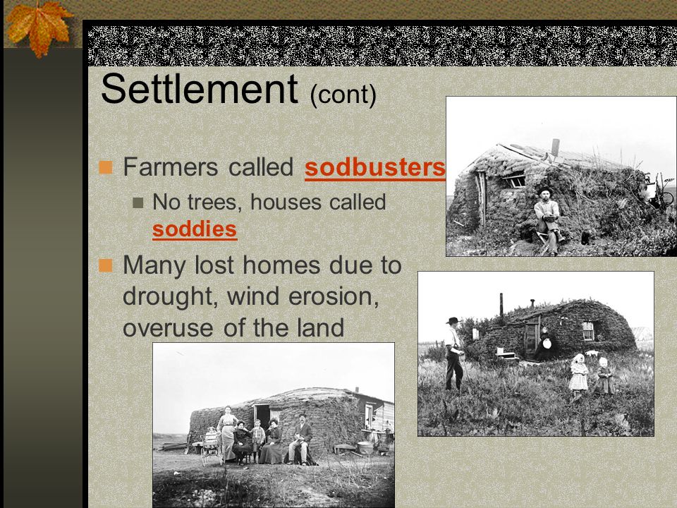 Settlement (cont) Farmers called sodbusters No trees, houses called soddies Many lost homes due to drought, wind erosion, overuse of the land