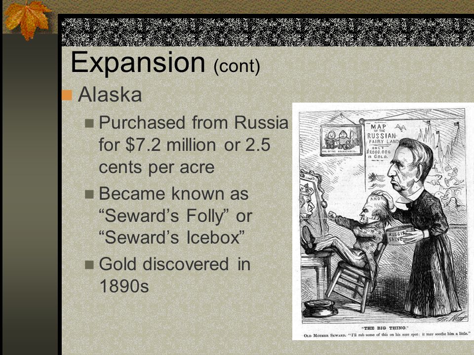 Expansion (cont) Alaska Purchased from Russia for $7.2 million or 2.5 cents per acre Became known as Seward’s Folly or Seward’s Icebox Gold discovered in 1890s
