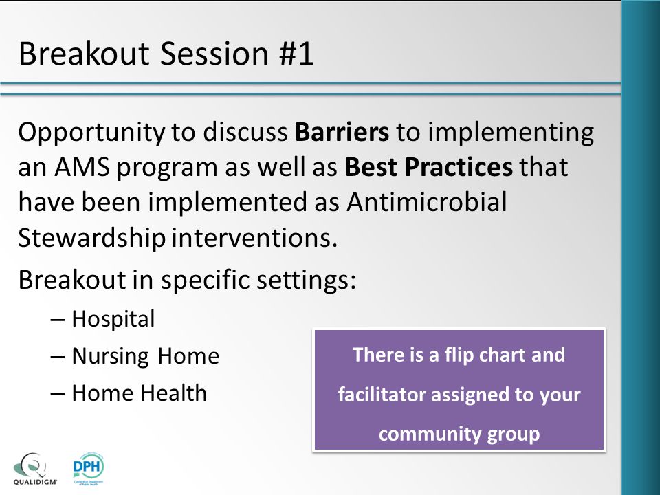 Breakout Session #1 Opportunity to discuss Barriers to implementing an AMS program as well as Best Practices that have been implemented as Antimicrobial Stewardship interventions.