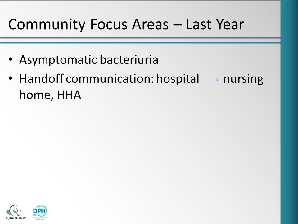 Community Focus Areas – Last Year Asymptomatic bacteriuria Handoff communication: hospital nursing home, HHA