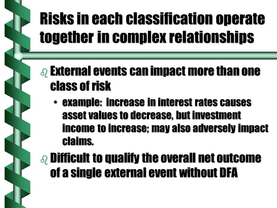 Risks in each classification operate together in complex relationships b External events can impact more than one class of risk example: increase in interest rates causes asset values to decrease, but investment income to increase; may also adversely impact claims.example: increase in interest rates causes asset values to decrease, but investment income to increase; may also adversely impact claims.