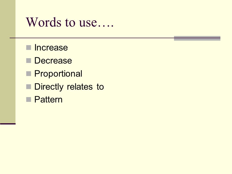 Words to use…. Increase Decrease Proportional Directly relates to Pattern