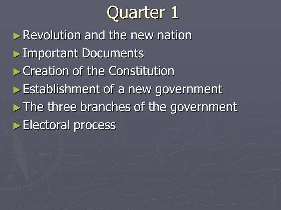 Quarter 1 Quarter 1 ► Revolution and the new nation ► Important Documents ► Creation of the Constitution ► Establishment of a new government ► The three branches of the government ► Electoral process