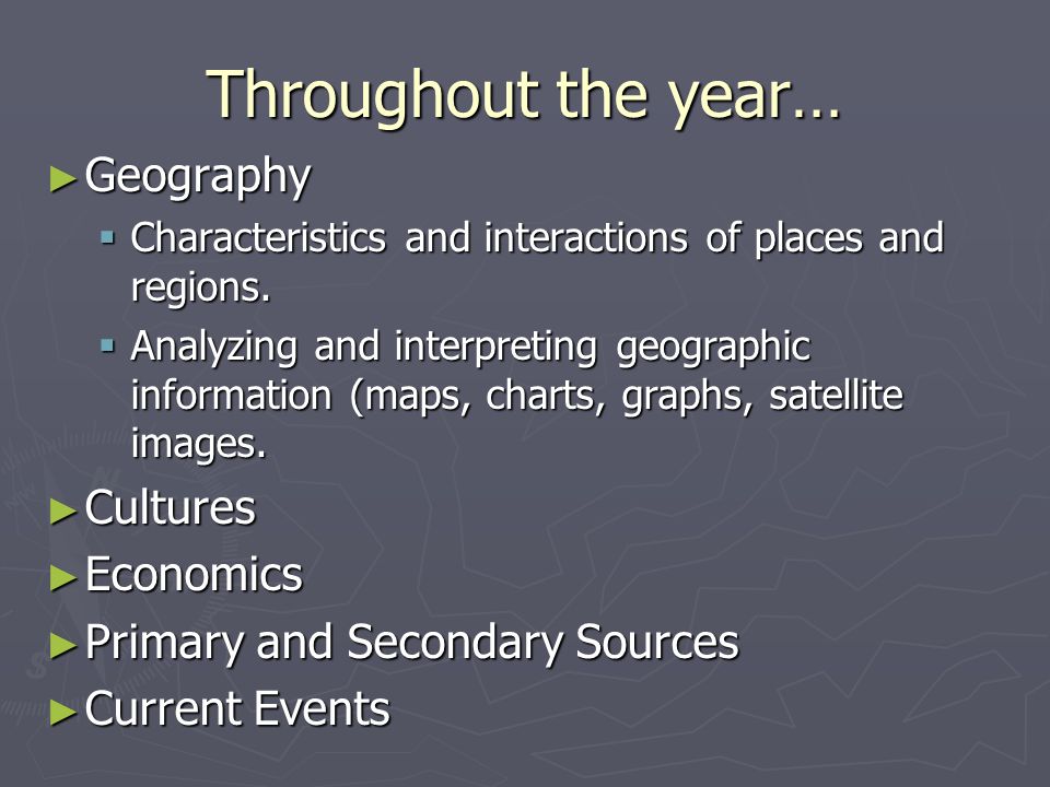 Throughout the year… ► Geography  Characteristics and interactions of places and regions.