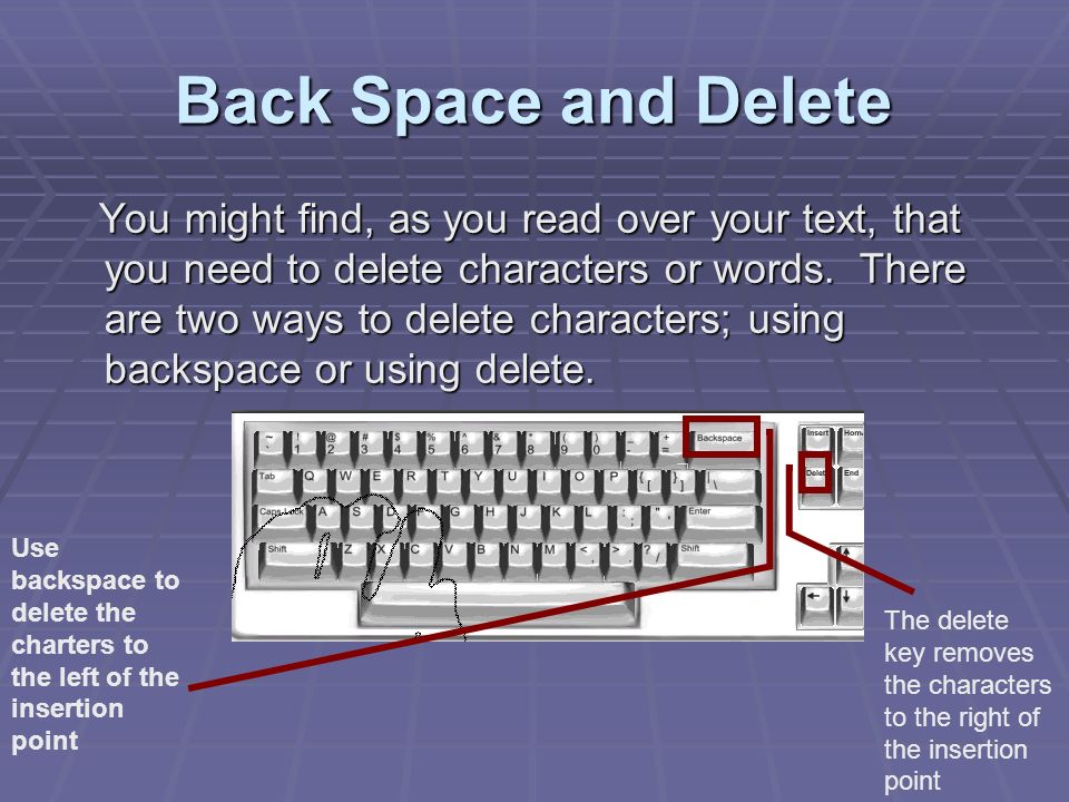 Back Space and Delete You might find, as you read over your text, that you need to delete characters or words.