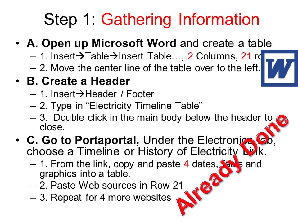 Step 1: Gathering Information A. Open up Microsoft Word and create a table –1.