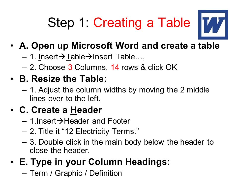 Step 1: Creating a Table A. Open up Microsoft Word and create a table –1.
