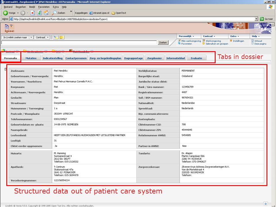 Tabs in dossier Structured data out of patient care system