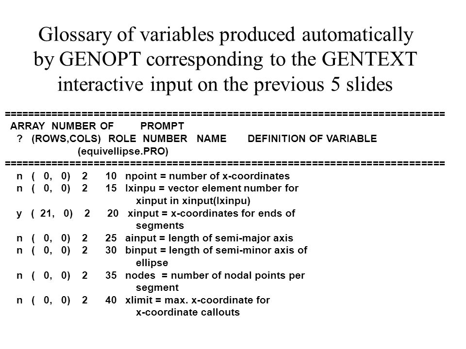 Glossary of variables produced automatically by GENOPT corresponding to the GENTEXT interactive input on the previous 5 slides ========================================================================= ARRAY NUMBER OF PROMPT .