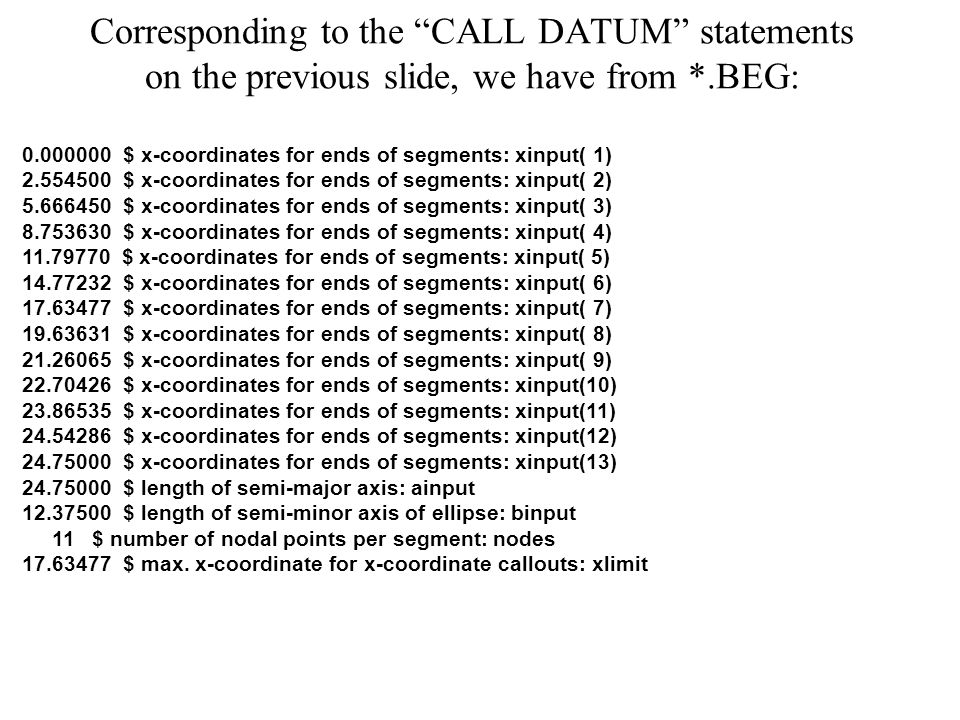 Corresponding to the CALL DATUM statements on the previous slide, we have from *.BEG: $ x-coordinates for ends of segments: xinput( 1) $ x-coordinates for ends of segments: xinput( 2) $ x-coordinates for ends of segments: xinput( 3) $ x-coordinates for ends of segments: xinput( 4) $ x-coordinates for ends of segments: xinput( 5) $ x-coordinates for ends of segments: xinput( 6) $ x-coordinates for ends of segments: xinput( 7) $ x-coordinates for ends of segments: xinput( 8) $ x-coordinates for ends of segments: xinput( 9) $ x-coordinates for ends of segments: xinput(10) $ x-coordinates for ends of segments: xinput(11) $ x-coordinates for ends of segments: xinput(12) $ x-coordinates for ends of segments: xinput(13) $ length of semi-major axis: ainput $ length of semi-minor axis of ellipse: binput 11 $ number of nodal points per segment: nodes $ max.
