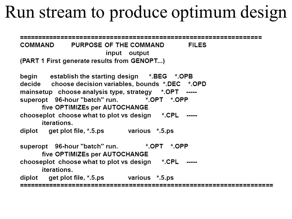 Run stream to produce optimum design ================================================================ COMMAND PURPOSE OF THE COMMAND FILES input output (PART 1 First generate results from GENOPT...) begin establish the starting design *.BEG *.OPB decide choose decision variables, bounds *.DEC *.OPD mainsetup choose analysis type, strategy *.OPT superopt 96-hour batch run.