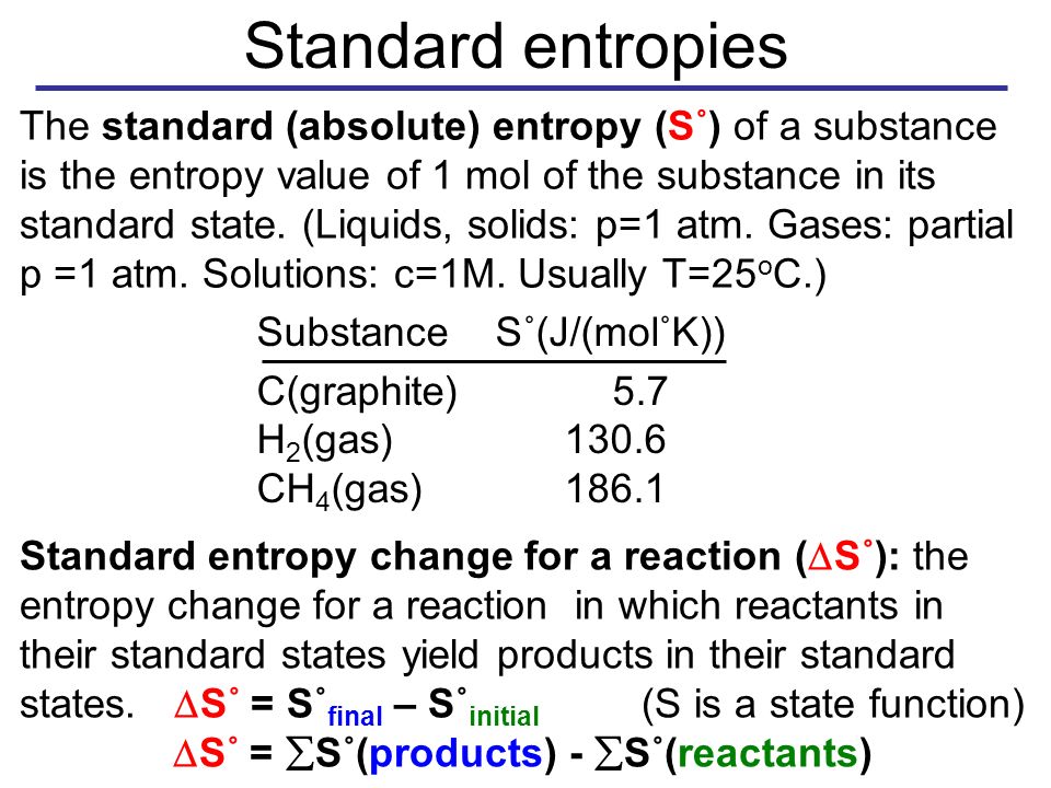 The standard (absolute) entropy (S˚) of a substance is the entropy value of 1 mol of the substance in its standard state.