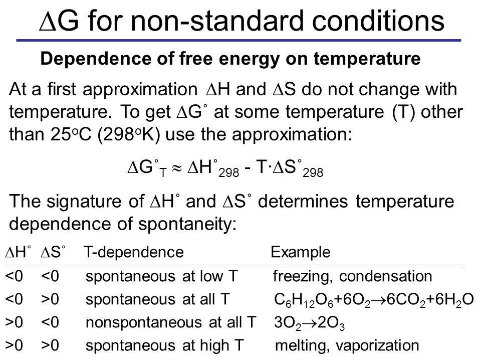  G for non-standard conditions Dependence of free energy on temperature At a first approximation  H and  S do not change with temperature.
