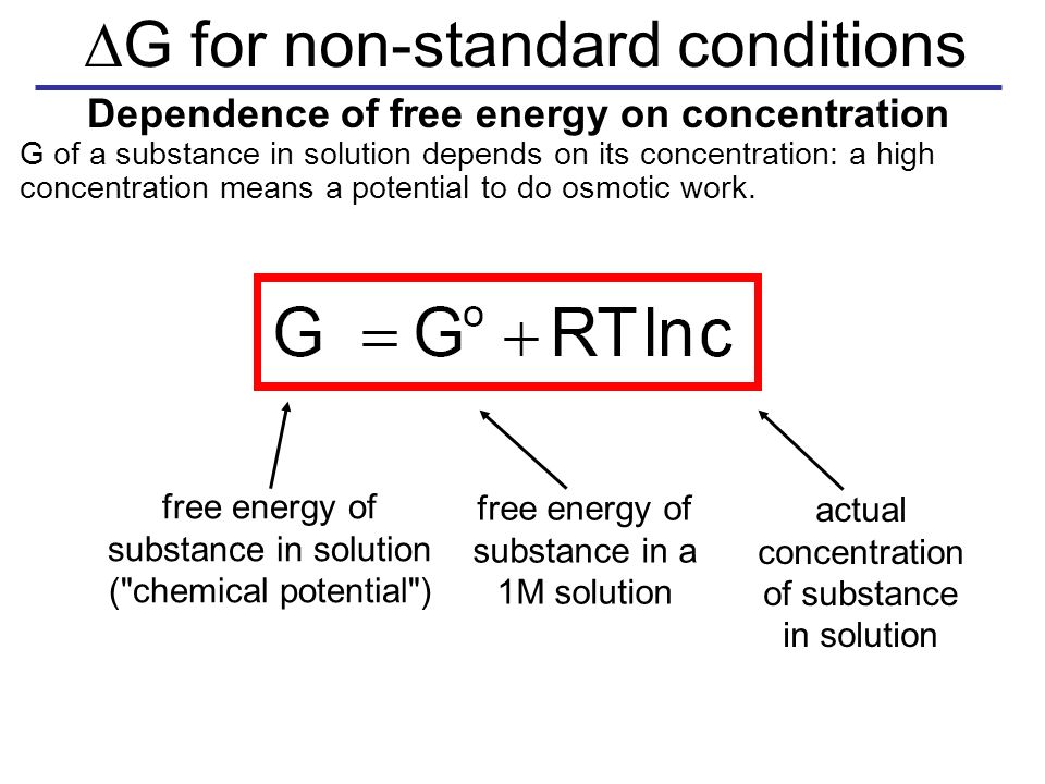  G for non-standard conditions Dependence of free energy on concentration G of a substance in solution depends on its concentration: a high concentration means a potential to do osmotic work.