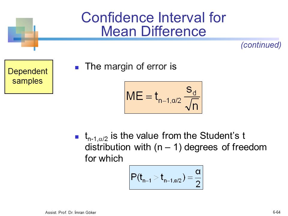 Confidence Interval for Mean Difference The margin of error is t n-1